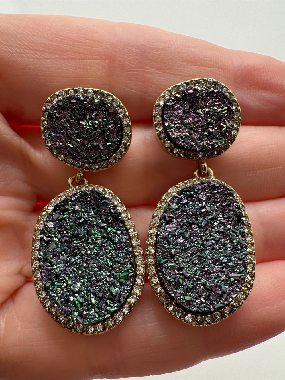 BaubleBar Krystal Drusy Look Drop Earrings Gold Tone Pierced